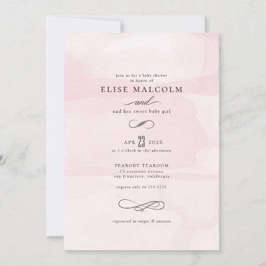 ピンクエレガントの水色のベビモダンーシャワー 招待状 (正面)