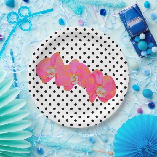 ピンクエレガントの水色の蘭 | 水玉模様 ペーパープレート (パーティー)