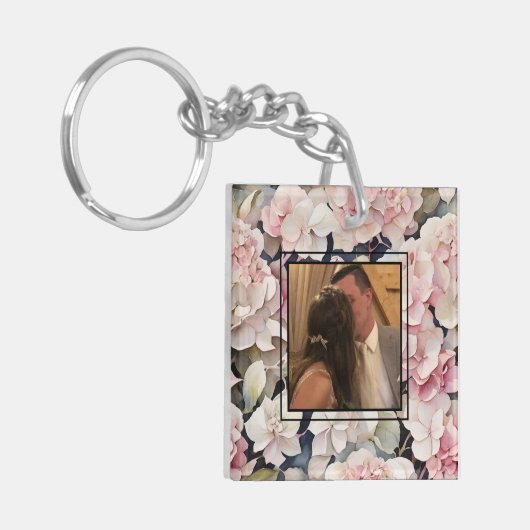 ピンクエレガントの水色フローラが写真をパーソナライズ キーホルダー (正面左)