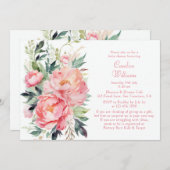 ピンクエレガントの水色フローラカップル赤ちゃんシャワー 招待状 (正面/裏面)