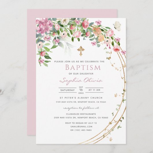 ピンクエレガントの水色フローラガールバプティスインビタ 招待状 (正面/裏面)