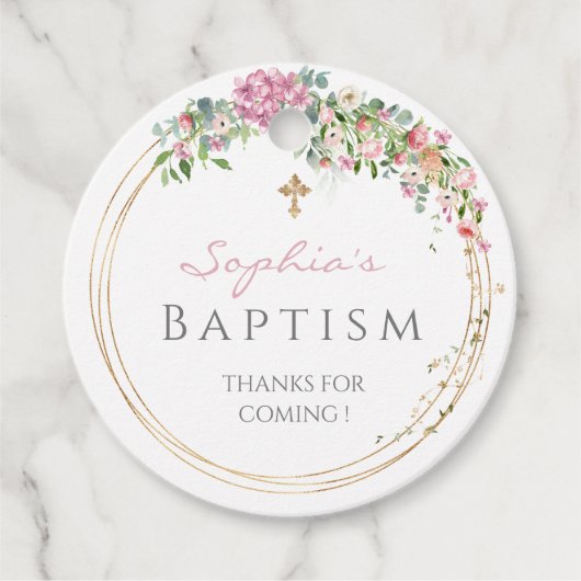 ピンクエレガントの水色フローラガールバプテスマ フェイバータグ (正面)