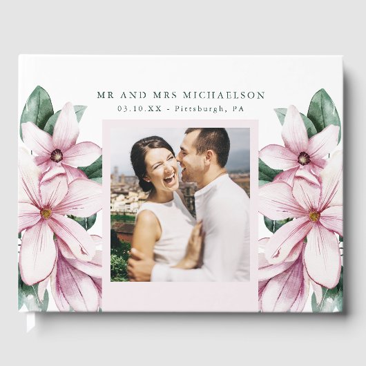 ピンクエレガントの水色フローラフォト結婚ズ ゲストブック (正面)