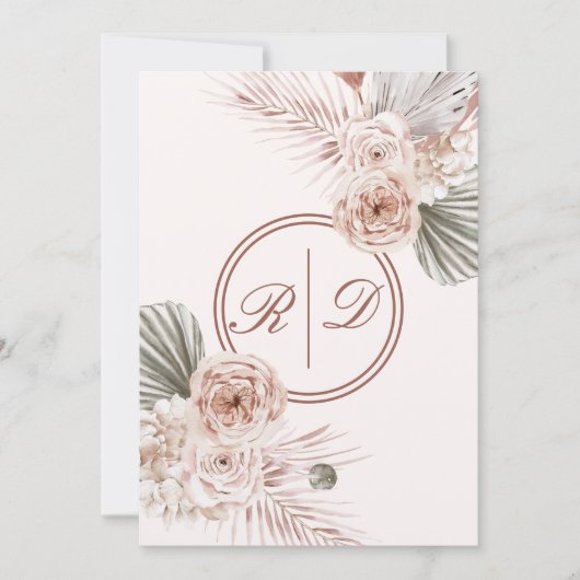 ピンクエレガントの水色フローラモノグラム結婚ズ 招待状 (正面)