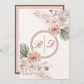 ピンクエレガントの水色フローラモノグラム結婚ズ 招待状 (正面/裏面)