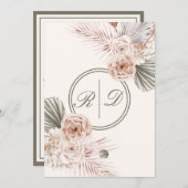 ピンクエレガントの水色フローラモノグラ結婚ムのイン 招待状 (正面/裏面)