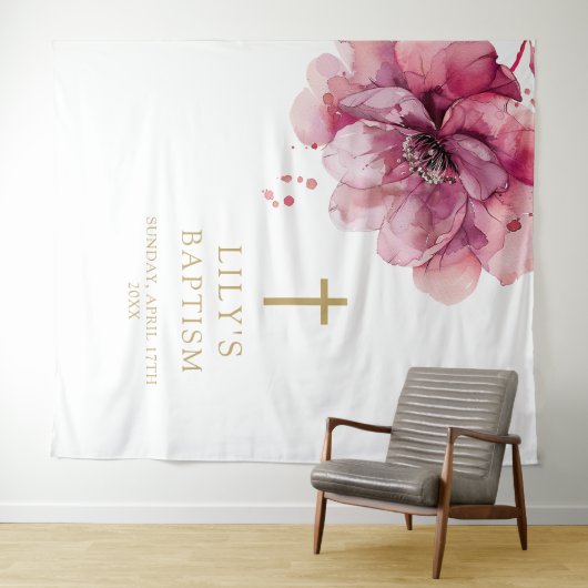 ピンクエレガントの水色フローラ洗礼背景 タペストリー (インサイチュ(横))