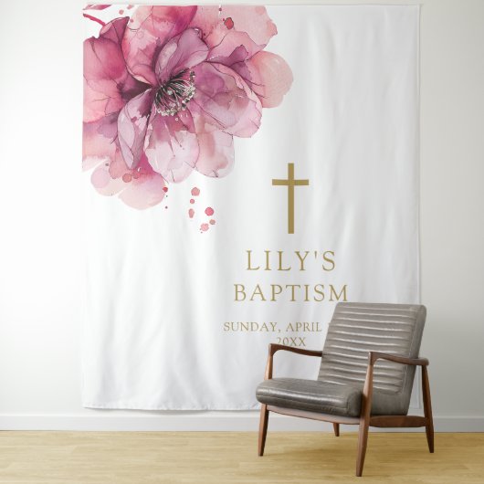 ピンクエレガントの水色フローラ洗礼背景 タペストリー (インサイチュ)