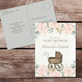 ピンクエレガントの水色フローラ甘い赤ちゃんシャワー ポストカード