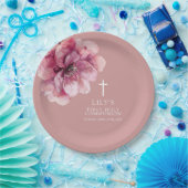 ピンクエレガントの水色フローラ聖餐式 ペーパープレート (パーティー)