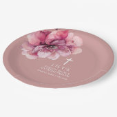 ピンクエレガントの水色フローラ聖餐式 ペーパープレート (アングル)