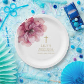 ピンクエレガントの水色フローラ聖餐式 ペーパープレート (パーティー)