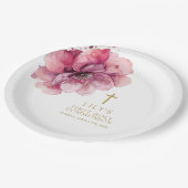ピンクエレガントの水色フローラ聖餐式 ペーパープレート (アングル)