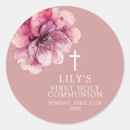 ピンクエレガントの水色フローラ聖餐式 ラウンドシール