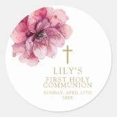 ピンクエレガントの水色フローラ聖餐式 ラウンドシール (正面)