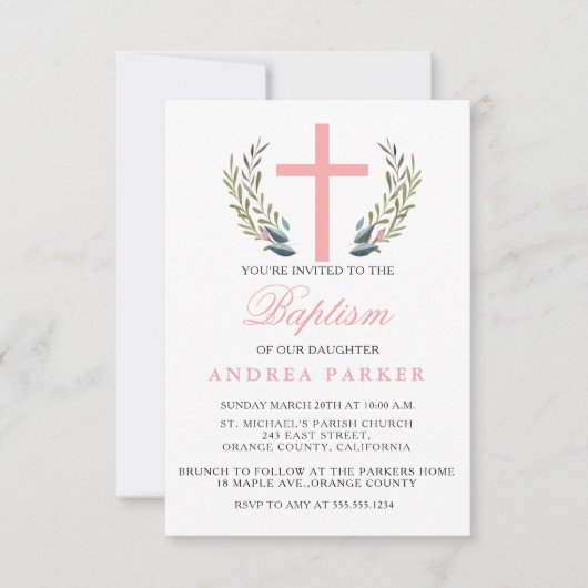 ピンクエレガントの洗礼/《キリスト教》洗礼式や命名式招待状 招待状 (正面)