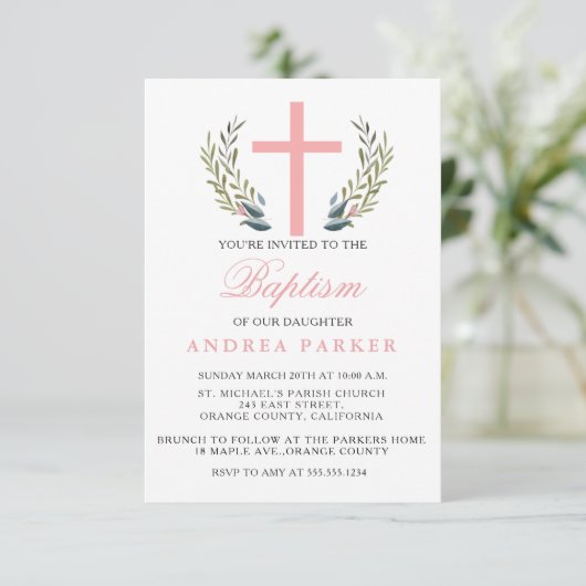 ピンクエレガントの洗礼/《キリスト教》洗礼式や命名式招待状 招待状 (スタンド正面)