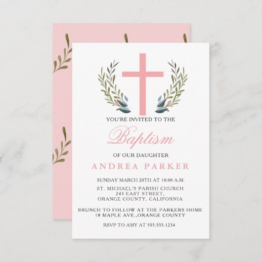 ピンクエレガントの洗礼/《キリスト教》洗礼式や命名式招待状 招待状 (正面/裏面)