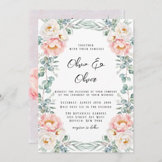 ピンクエレガントの牡丹とユーカリ結婚の 招待状 (正面/裏面)