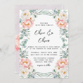 ピンクエレガントの牡丹とユーカリ結婚の 招待状