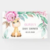 ピンクエレガントの牡丹と可愛いキリンの赤ちゃんシャワー 横断幕 (横)