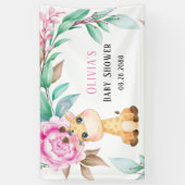 ピンクエレガントの牡丹と可愛いキリンの赤ちゃんシャワー 横断幕 (縦)