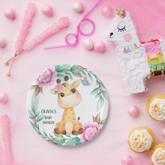 ピンクエレガントの牡丹と可愛いキリンカスタム ペーパープレート (パーティー)