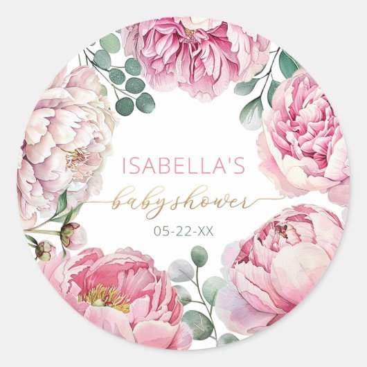 ピンクエレガントの牡丹と緑の少女の赤ちゃんシャワーF ラウンドシール (正面)