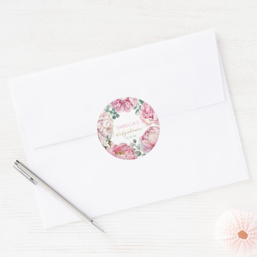 ピンクエレガントの牡丹と緑の少女の赤ちゃんシャワーF ラウンドシール (封筒)