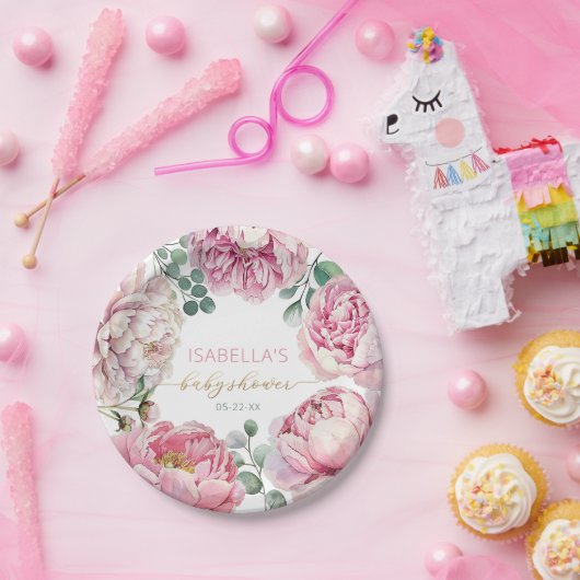 ピンクエレガントの牡丹と緑の少女の赤ちゃんシャワーP ペーパープレート (パーティー)