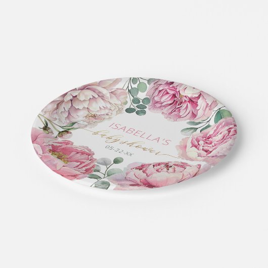 ピンクエレガントの牡丹と緑の少女の赤ちゃんシャワーP ペーパープレート (アングル)