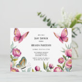 ピンクエレガントの牡丹と蝶の女の子ベビーシャワー 招待状 (スタンド正面)
