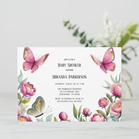 ピンクエレガントの牡丹と蝶の女の子ベビーシャワー 招待状 (スタンド正面)