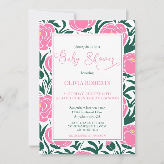 ピンクエレガントの牡丹の花赤ちゃんシャワー 招待状 (正面)