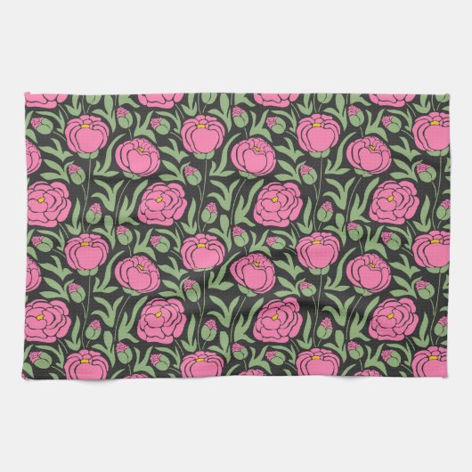 ピンクエレガントの牡丹の花 キッチンタオル (横)