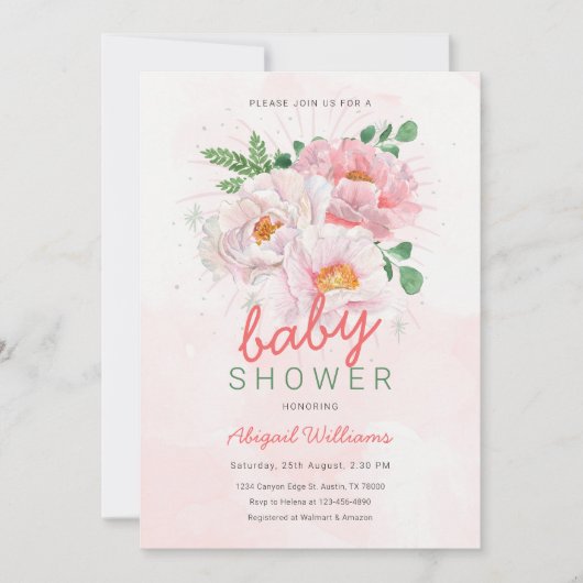 ピンクエレガントの牡丹を使ったフローラの赤ちゃんシャワー 招待状 (正面)