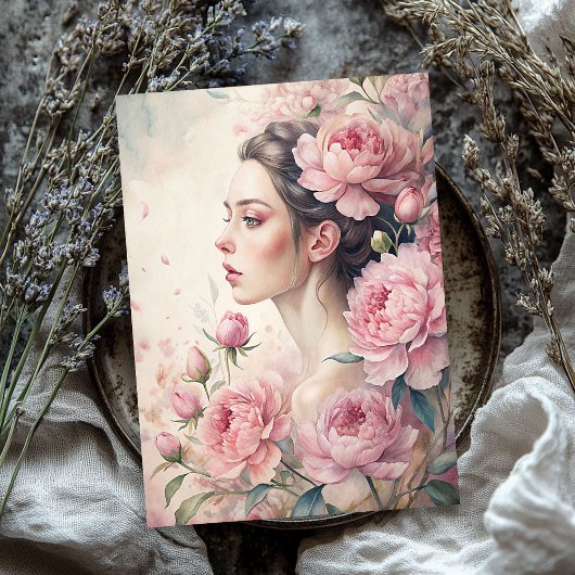 ピンクエレガントの牡丹を持つヴィンテージブロンドの少女 薄葉紙