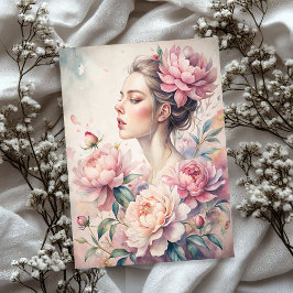 ピンクエレガントの牡丹を持つヴィンテージブロンドの少女 薄葉紙