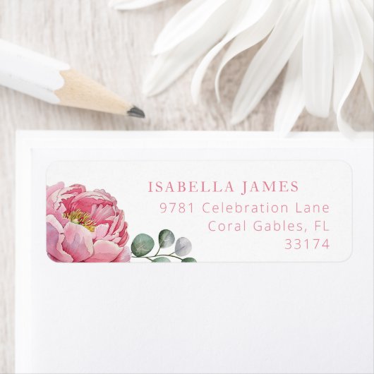 ピンクエレガントの牡丹フローラと緑の戻りアドレス ラベル (インサイチュ)