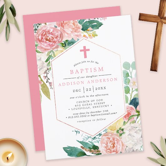 ピンクエレガントの牡丹フローラ幾何学十字 招待状