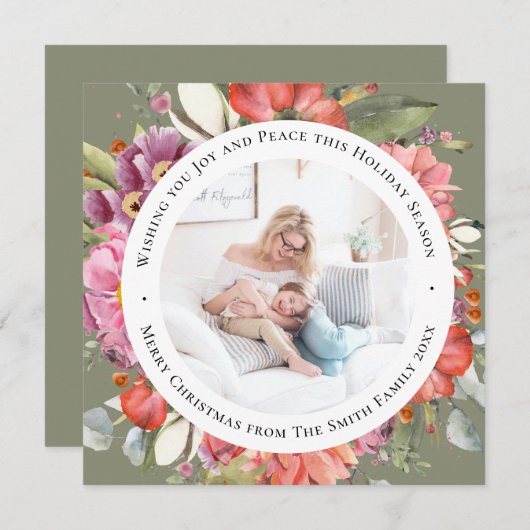 ピンクエレガントの牡丹モダンスクリプト水色フローラ シーズンカード (正面/裏面)