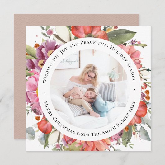 ピンクエレガントの牡丹モダンスクリプト水色フローラ シーズンカード (正面/裏面)