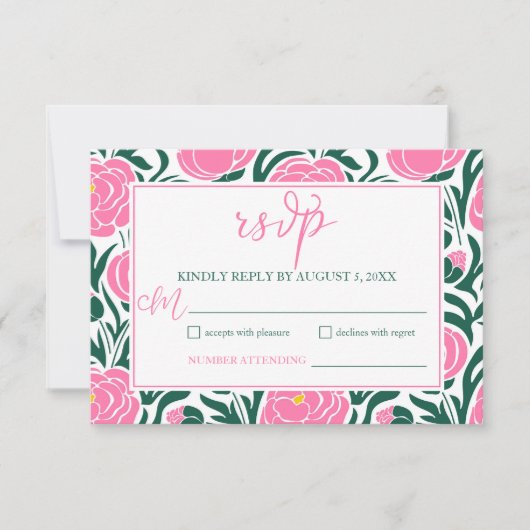 ピンクエレガントの牡丹結婚の花 出欠カード (正面)