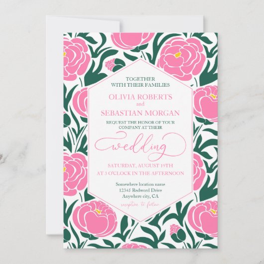 ピンクエレガントの牡丹結婚の花 招待状 (正面)