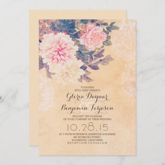 ピンクエレガントの牡丹結婚式招待状 招待状 (正面/裏面)