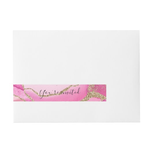 ピンクエレガントの瑪瑙ストーン金ゴールド結婚グリッターのラップ ラップアラウンド宛名ラベル (正面)