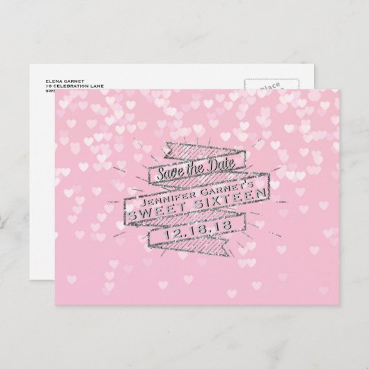 ピンクエレガントの甘い16誕生日日付を保存 案内ポストカード (正面/裏面)