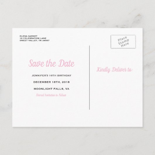 ピンクエレガントの甘い16誕生日日付を保存 案内ポストカード (裏面)