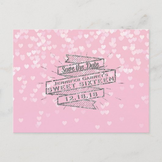 ピンクエレガントの甘い16誕生日日付を保存 案内ポストカード (正面)