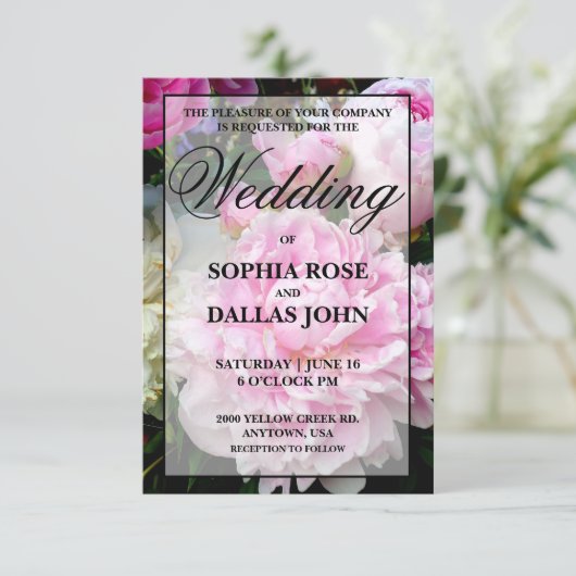 ピンクエレガントの白いフローラ結婚牡丹 招待状 (スタンド正面)